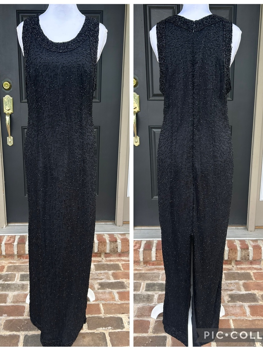Vintage 90s Laurence Kazar Black Beaded Sleeveless Evening Gown ornate art deco